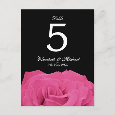 Pink Rose and Black Wedding Table Number Postcards by augustafternoon