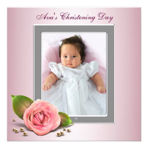 Pink Rose Baby Girl Photo Christening Custom Announcement