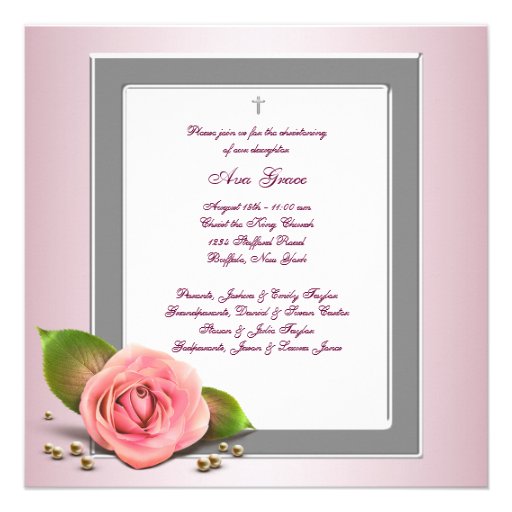 Pink Rose Baby Girl Photo Christening Custom Announcement