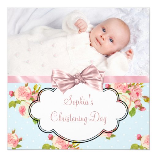 Pink Rose Baby Girl Photo Christening Invitations (front side)