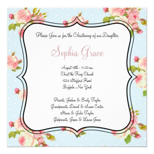 Pink Rose Baby Girl Photo Christening Invitations