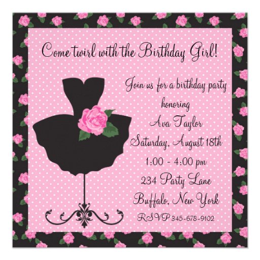 Pink Rose Ballerina Birthday Party Invitations