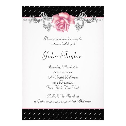 Pink Rose Black Polka Dot Sweet Sixteen Birthday Custom Invitation