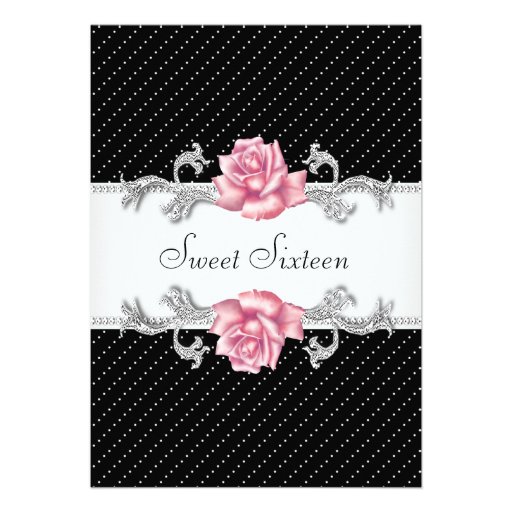 Pink Rose Black Polka Dot Sweet Sixteen Birthday Custom Invitation