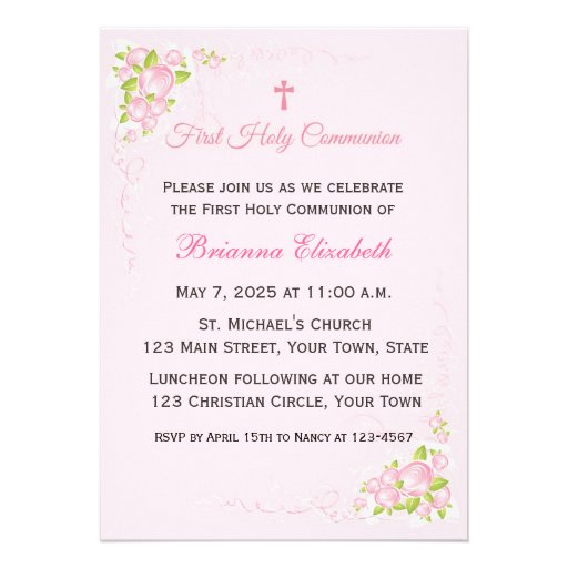 Pink Rose Bouquet First Communion Announcements
