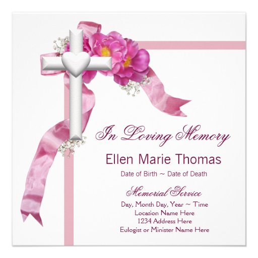 Pink Rose Cross In Loving Memory Memorial Invites