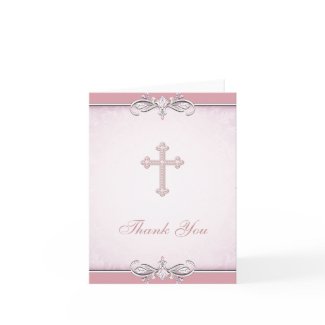 Pink Rose Damask Cross Christian Thank You Card card