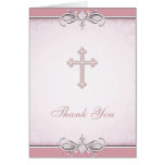 Pink Rose Damask Cross Christian Thank You Card