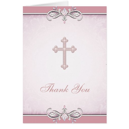 Pink Rose Damask Cross Christian Thank You Card Zazzle