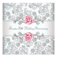 Pink Rose Damask Silver 25th Wedding Anniversary Custom Invite