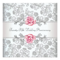 Pink Rose Damask Silver 25th Wedding Anniversary invitations