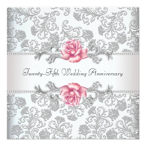 Pink Rose Damask Silver 25th Wedding Anniversary Custom Invite (front side)