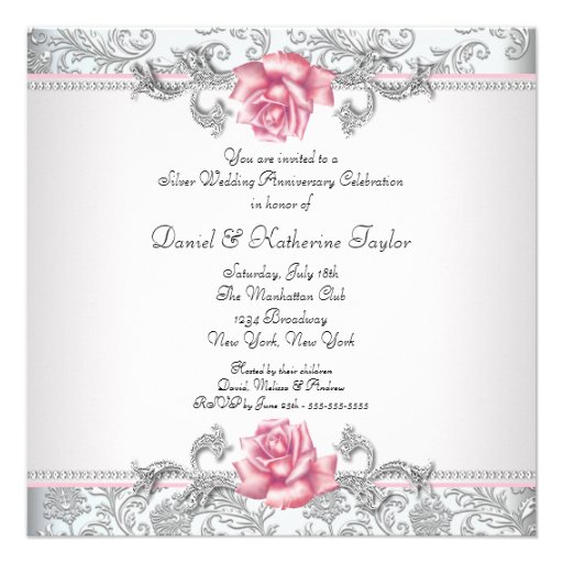 Pink Rose Damask Silver 25th Wedding Anniversary Custom Invite