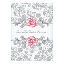Pink Rose Damask Silver 25th Wedding Anniversary Personalized Announcements