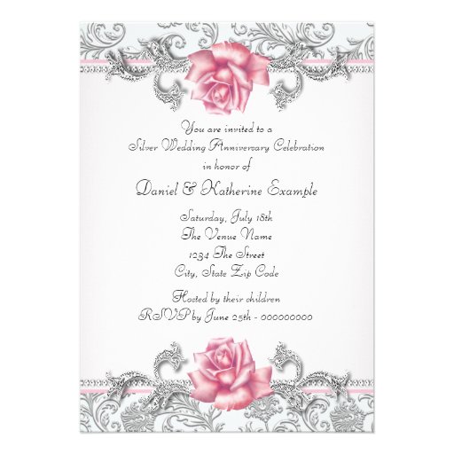 Pink Rose Damask Silver 25th Wedding Anniversary Personalized Announcements