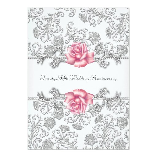 Pink Rose Damask Silver 25th Wedding Anniversary Personalized Announcements (front side)