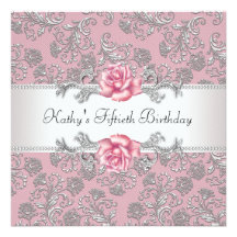 Pink Rose Damask Womans 50th Birthday Party Custom Invites