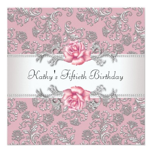 Pink Rose Damask Womans 50th Birthday Party Custom Invites (front side)