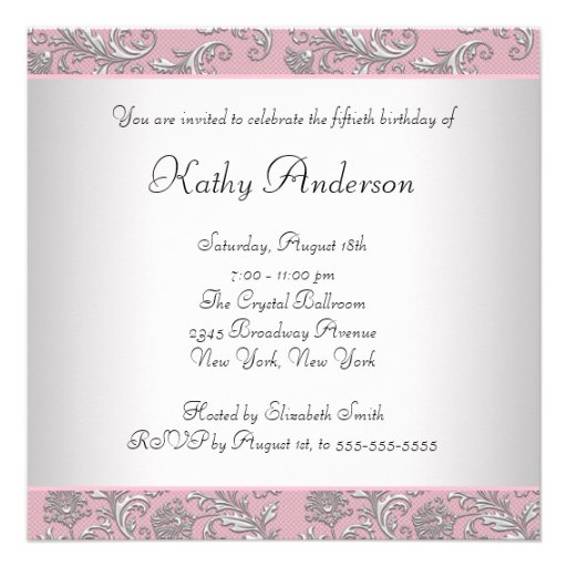 Pink Rose Damask Womans 50th Birthday Party Custom Invites