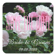 pink rose flowers bride and groom save the date square stickers