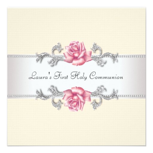Pink Rose Girls First Communion Personalized Invitation