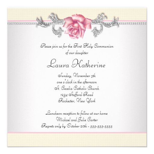 Pink Rose Girls First Communion Personalized Invitation