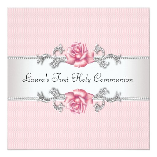 Pink Rose Girls First Communion Invitations (front side)