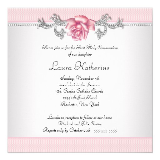 Pink Rose Girls First Communion Invitations