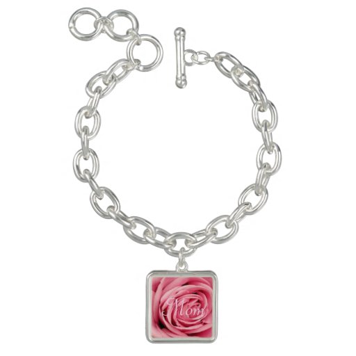 Pink Rose "Mom" Silver Square Charm Bracelet Zazzle
