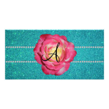 Pink rose monogram turquoise glitter custom photo card