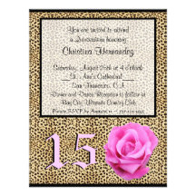 Pink Rose on Leopard Quinceañera Custom Announceme Custom Announcement