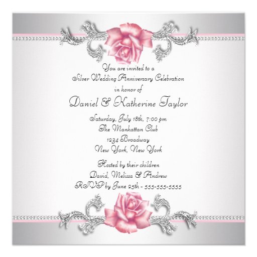 Pink Rose Silver 25th Wedding Anniversary Personalized Invite