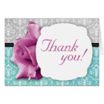 Pink Rose Teal Damask Custom Thank You Cards