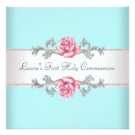 Pink Rose Teal Girls Teal First Communion Personalized Invitations