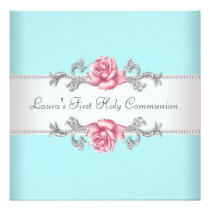 Pink Rose Teal Girls Teal First Communion invitations