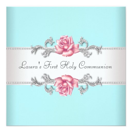 Pink Rose Teal Girls Teal First Communion Personalized Invitations (front side)