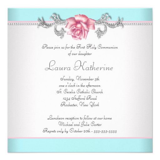 Pink Rose Teal Girls Teal First Communion Personalized Invitations