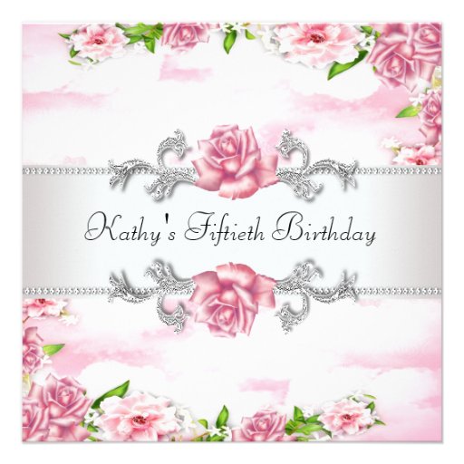 Pink Rose Womans 50th Birthday Party Personalized Invitation (front side)
