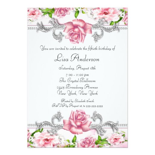 Pink Rose Womans 50th Birthday Party Invites