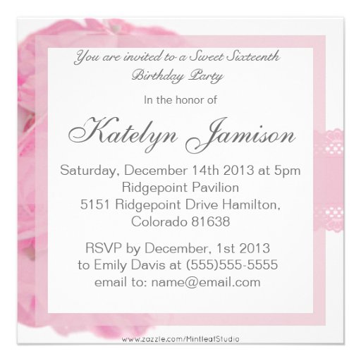 Pink Roses and Lace Sweet Sixteen Birthday Party Announcements