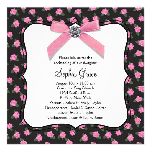 Pink Roses Baby Girl Photo Christening Personalized Invites