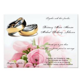 Pink Roses Bouquet with Rings Wedding Invitation 4.5