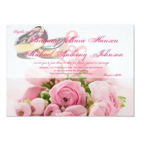 Pink Roses Bouquet with Wedding Rings Invitation 4.5