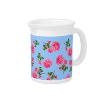 Pink roses country cottage floral jug - blue drink pitcher