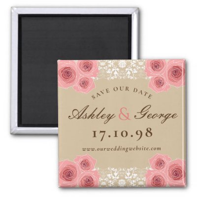 Pink Roses Damask Lace Custom Save The Date Magnet