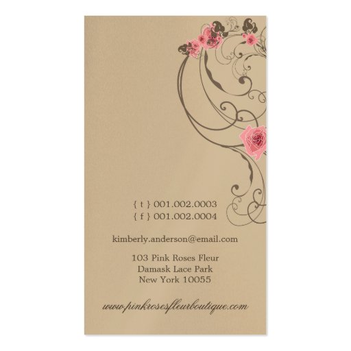 Pink Roses Damask Lace Fleur Elegant Chic Vintage Business Card Templates (back side)