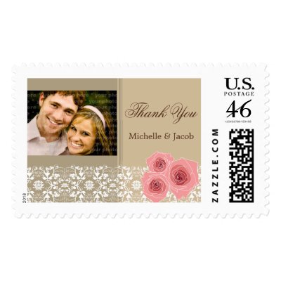 Pink Roses Damask Lace Photo 2 Thank You Stamps