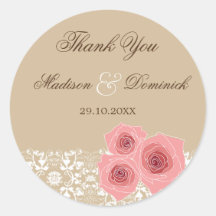 Pink Roses Damask Lace Thank You Seal Gift Sticker
