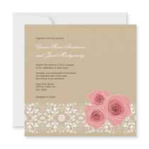 Pink Roses & Damask Lace Wedding Invitation