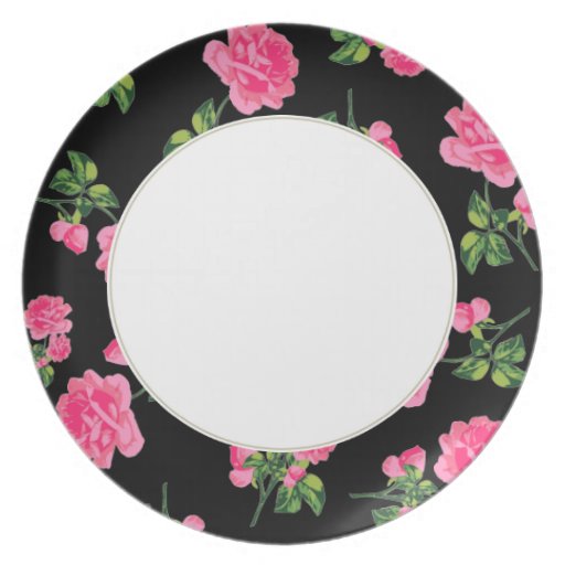 Pink roses Floral pattern on black and white plate